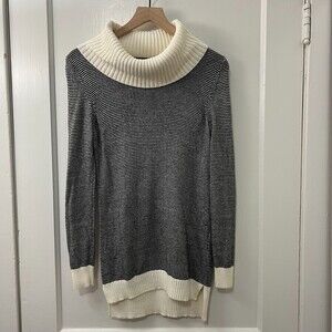 LOFT Women's Black Cream Stripe Tunic Sweater Cowl Turtleneck Size S Petite
